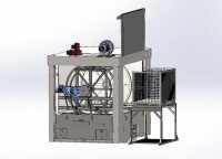 Technische Zeichnung der Clean-o-mat PF Rhönrad-Reinigungsanlage mit Riemenantrieb und Schutzkorb.
