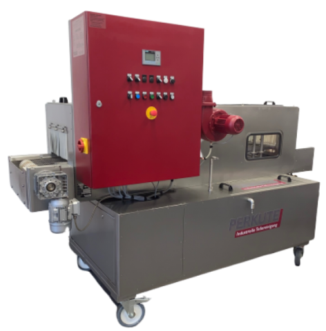 Clean-o-mat TW 104 measuring system from PERKUTE, used continuous cleaning system with red control panel for industrial parts cleaning