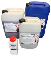 Various canisters and containers with PERKUTE system cleaners for industrial parts cleaning, aqueous and biodegradable