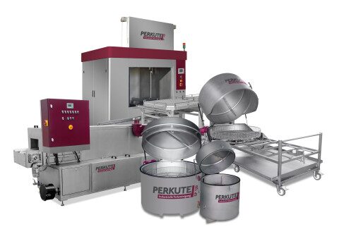 Industrial PERKUTE cleaning system with open baskets and trolley for parts cleaning in industry and workshops
