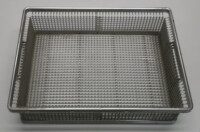 Flacher Kleinteilekorb aus Edelstahl, 408 x 308 x 108 mm, Maschenweite 6 mm
