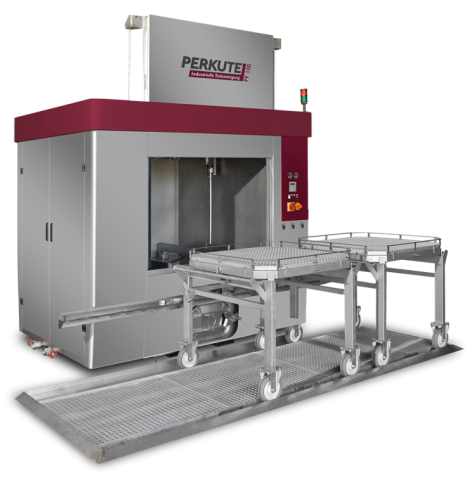 PERKUTE Clean-o-Mat PF Reinigungsanlage mit Frontbeladung, Drehtisch und Transportwagen